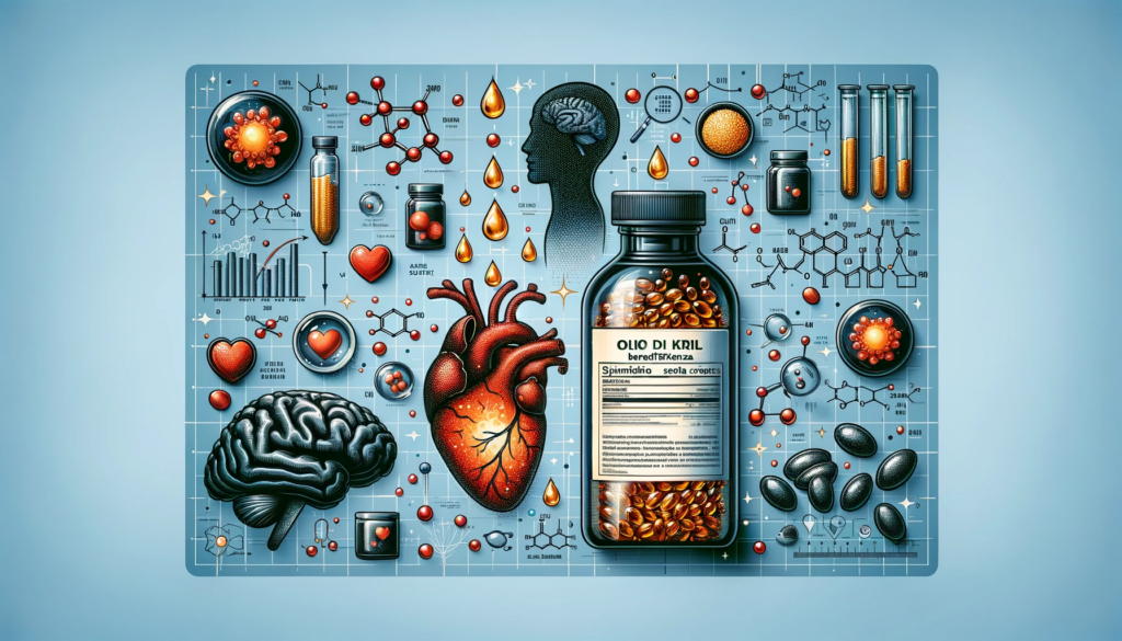 Una bottiglia di medicinale, contenente Olio di Krill, è circondata da vari articoli medici.
