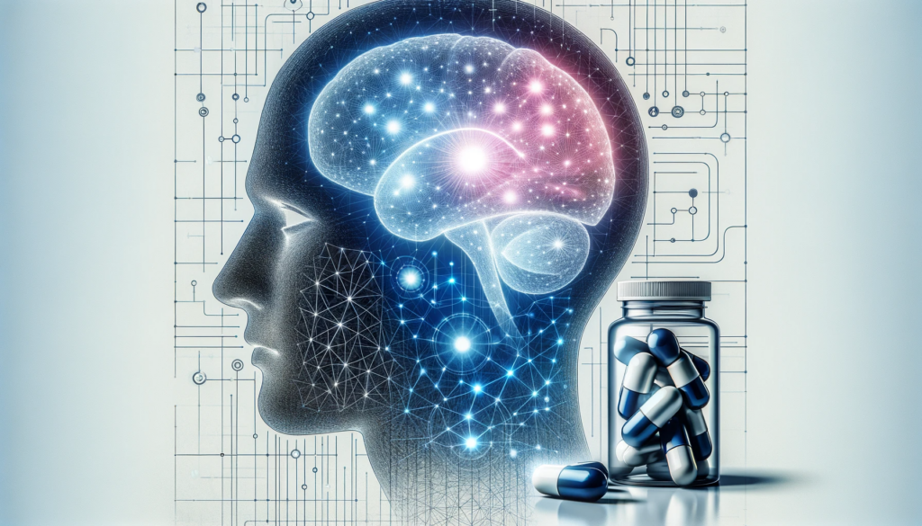 La testa di un uomo con davanti un flacone di pillole, che mostra i potenti benefici cognitivi dell'integratore nootropico Mind Lab Pro.