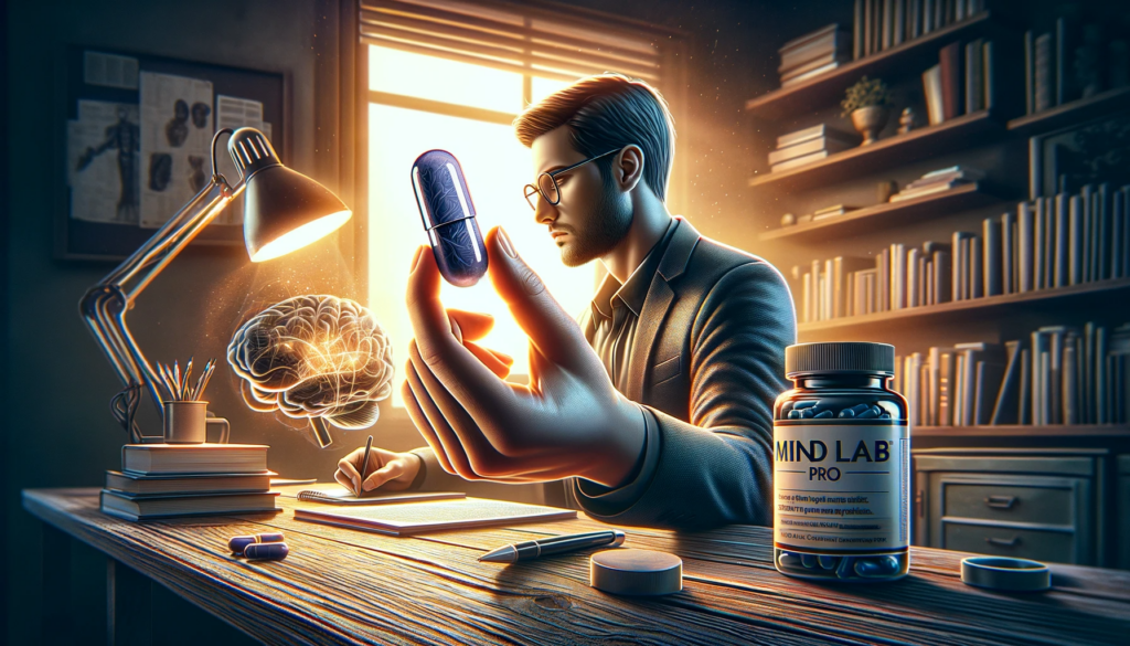 Un uomo tiene in mano una pillola chiamata Mind Lab Pro davanti a una scrivania.