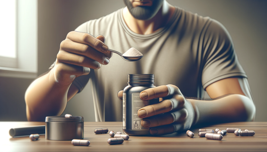 Un uomo sta versando le pillole Migliore Creatina in una bottiglia mentre seleziona il perfetto Integratore di Creatina.